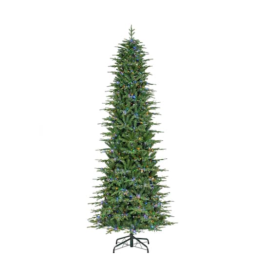 Glitzhome® 11ft. Pre-Lit Slim Fir Artificial Christmas Tree, Warm White & Multicolor LED Lights